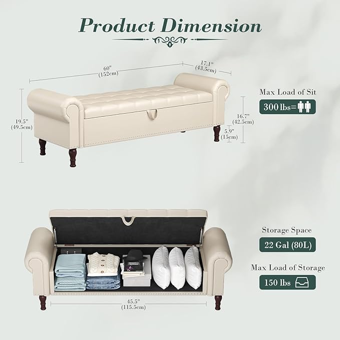 Apicizon 60” Bench with Storage, Faux Leather Ottoman Bench with Rolled Arm & Vintage Rivets, End of Bed Bench for Bedroom, Living Room, Entryway, Beige+Brown Legs