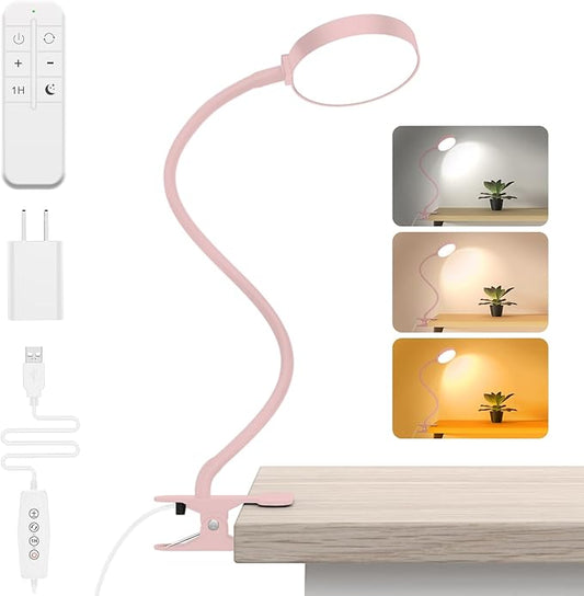 Reading Light with Remote, LED Desk Lamp Clip on [1H Timer & Nightlight] RA>95 Dimmable Flexible Gooseneck, Reading Lamp with Clamp for Table - 3.5'' (Adapter Included)