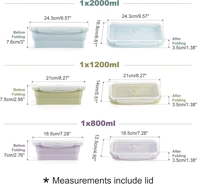 Large Collapsible Food Containers with Lids for Camping & Travel | Leak-Proof Silicone Storage Bowls,2000ml/1200ml/800ml, Dishwasher, Microwave Freezer Safe, Set of 3
