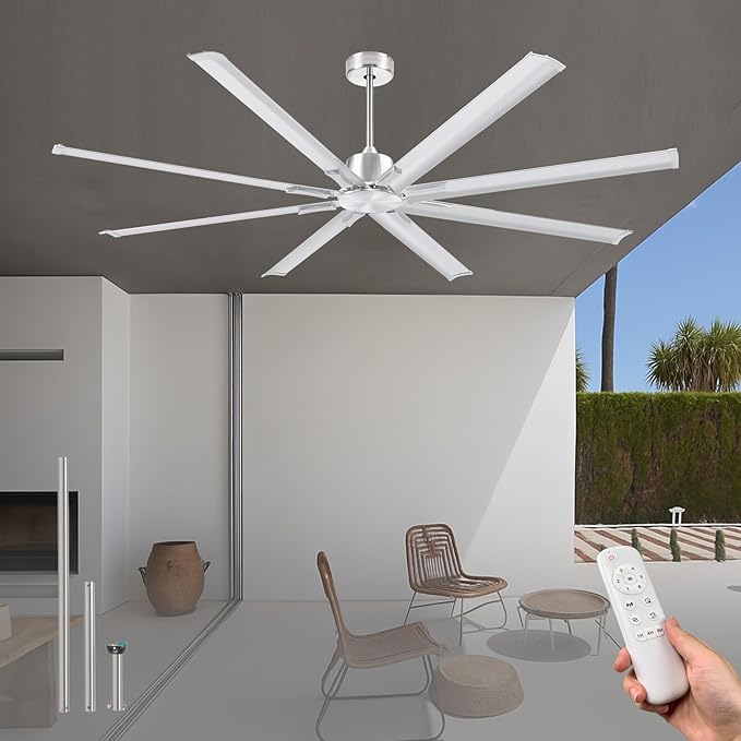 72 Inch Ceiling Fan Without Light with 8 Brushed Nickel Aluminum Blades,Industrial Ceilin fan with Remote,6 Speed,Quiet DC Motor,Large Outdoor Indoor Ceiling Fan for Patio,Garage,Living Room