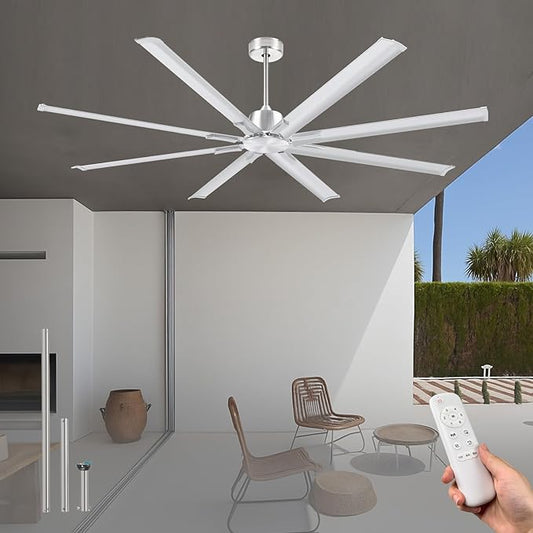 72 Inch Ceiling Fan Without Light with 8 Brushed Nickel Aluminum Blades,Industrial Ceilin fan with Remote,6 Speed,Quiet DC Motor,Large Outdoor Indoor Ceiling Fan for Patio,Garage,Living Room