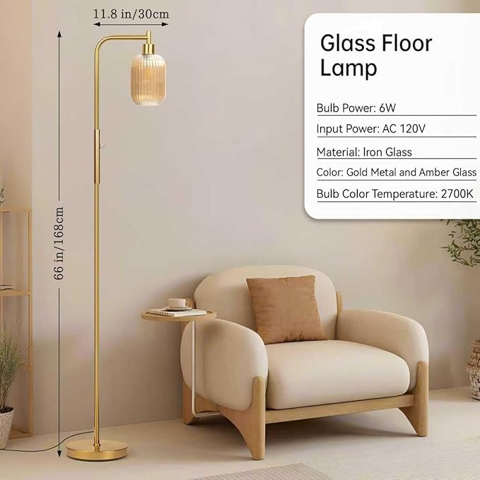 Glass Floor Lamp for Living Room, Dimmer Standing Lamp with Green Ribbed Lampshade,66” Tall Lamp & Gold Floor Lamp for Bedroom Study Room,Brushed Gold (Amber)