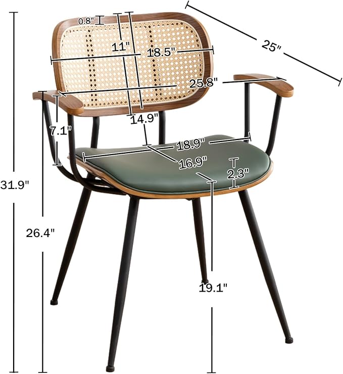 Rattan Dining Room Chairs Set of 2,Mid Century Modern Kitchen Side Chairs,Metal Legs Desk Chair,Faux Leather Accent Chair with Arms and Rattan Backrest Green PU
