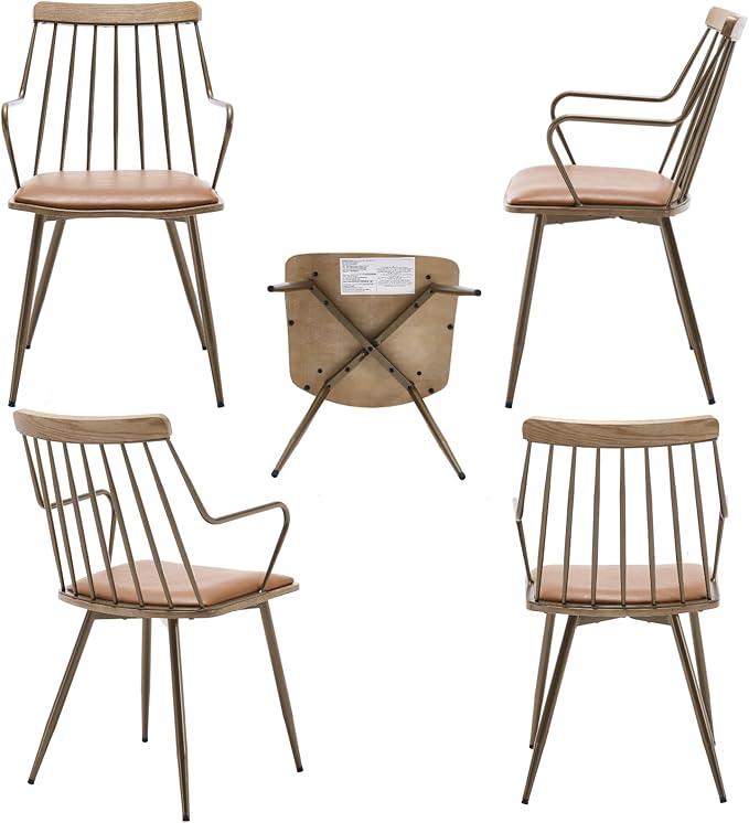 Modern Dining Chairs Set of 4, PU Upholstered Dining Chairs with Metal Legs, Wood Kitchen Chairs with Fence-Like Back and Curved Arm for Dining Room Kitchen Restaurant Reception (Brown)