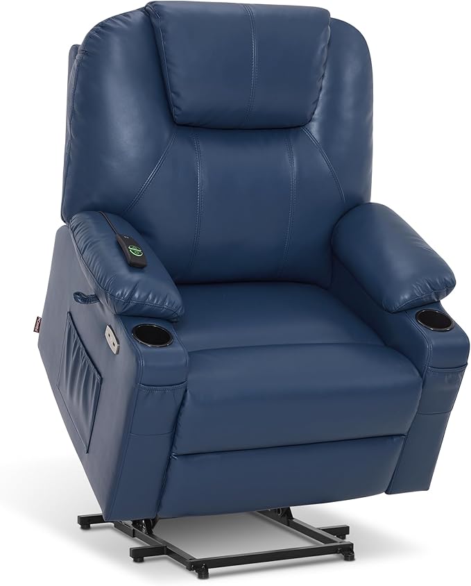 MCombo Oversized Power Lift Recliner Chair for Elderly, Lift Chair with Heat and Massage for Big and Tall, USB&Type C Ports, Cup Holders, Faux Leather R7510 (Blue, Large-Wide)