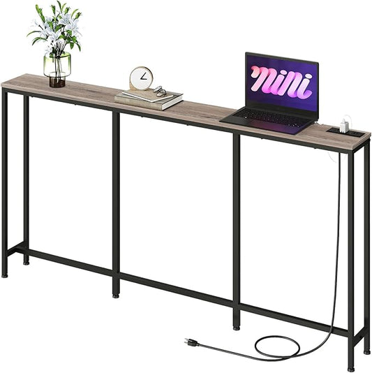 62.99" Narrow Console Table with Power Outlet 7.1" Skinny Sofa Table, Long Behind Couch with Charging Station for Hallway, Living Room Greige and Black TXG16UBG