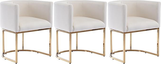 Velvet Dining Chairs Set of 3 Modern Barrel Arm Chairs with Golden Frame, Upholstered Kitchen Chairs 18.5" Wide Accent Chairs for Living Room Dining Room Restaurant, Beige