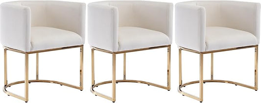 Velvet Dining Chairs Set of 3 Modern Barrel Arm Chairs with Golden Frame, Upholstered Kitchen Chairs 18.5" Wide Accent Chairs for Living Room Dining Room Restaurant, Beige