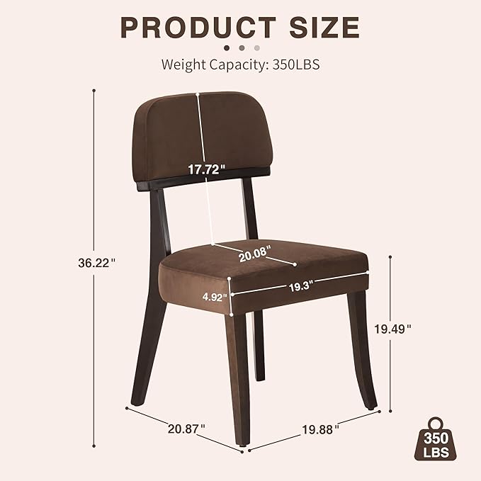 Modern Wood Dining Chairs Set of 2, Velvet Upholstered Kitchen Chairs with Open Curved Backrest & Black Hardwood Legs for Vanity, Living Room, 350 LBS Capacity, Brown