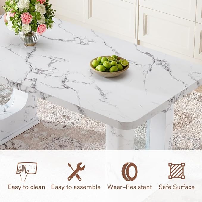 64.5" White Dining Table Set for 6, Modern Kitchen Table and Chairs Set with PU Leather Cushioned Chairs & Decorative Pedestal Base, 7 Piece Marble Pattern Dining Table Set for Dining Room or Kitchen