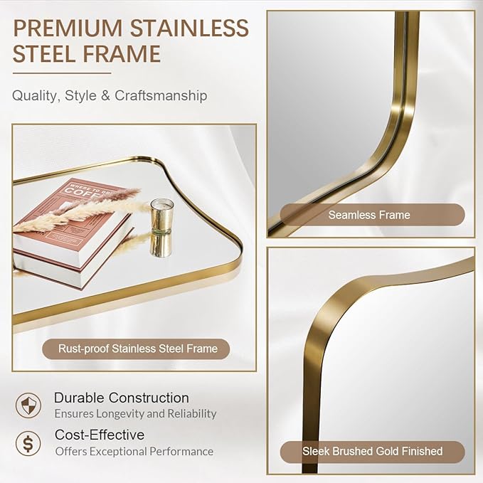 ANDY STAR 24" x 65" Full Length Mirror, Brushed Gold Floor Mirror with Premiun Stainless Steel Thin Frame, Antique Italian Curved Design, Wall Mountable or Leaning for Bedroom, Living Room, Cloakroom