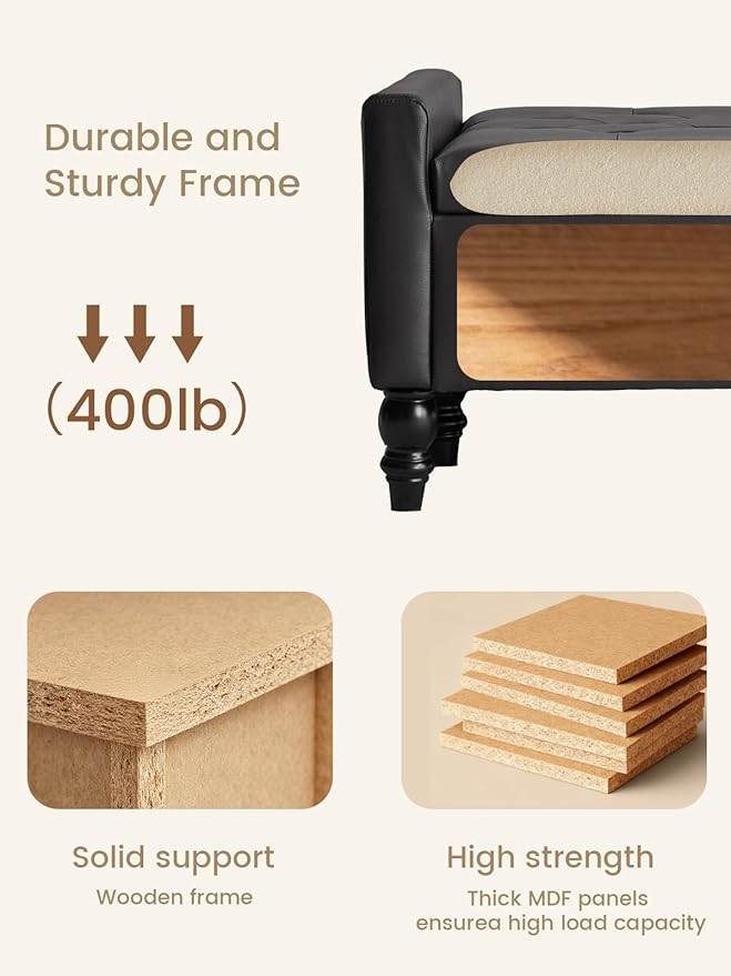 47" Storage Ottoman Bench, End of Bed Bench for Bedroom, Leather Upholstered Ottoman with Storage for Living Room, Entryway, Window (Black)