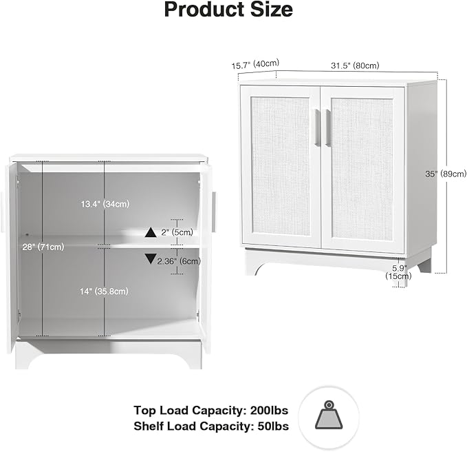 Rattan Cabinet, Sideboard Storage Cabinet with 2 Doors Buffet Cabinet with Adjustable Shelf Large Space, Kitchen Sideboard Buffet for Entryway Hallway