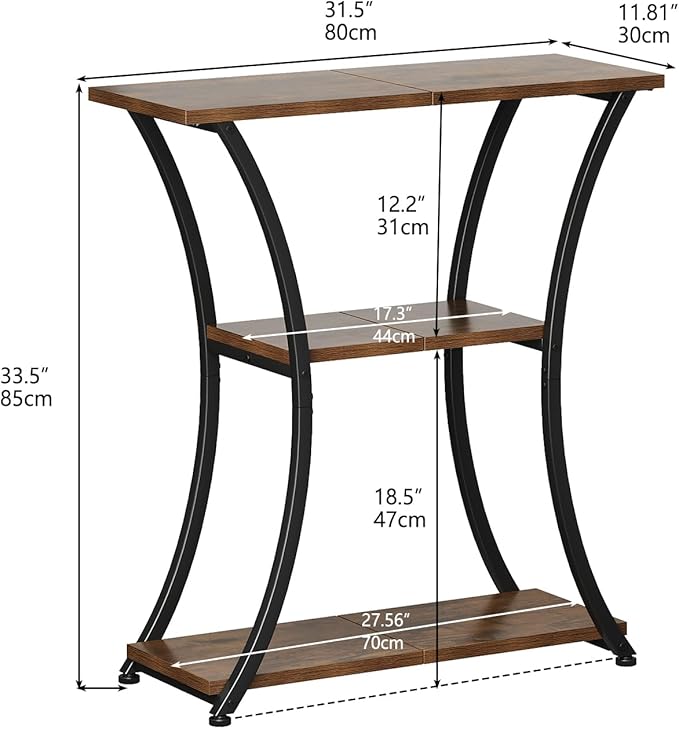 Rustic 3-Tier Console Table with Open Shelves Narrow Entryway Table with Curved Metal Frame Slim Sofa Table for Hallway Living Room or Foyer (Rustic Brown)