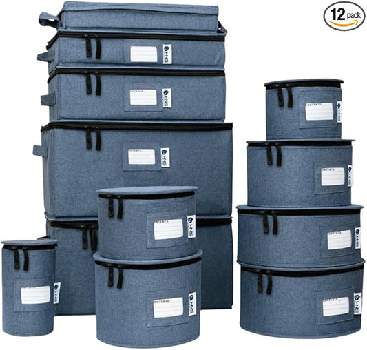 Hard Shell China Storage Containers 12-Piece Set Moving Boxes for Dinnerware, Glasses, Plates, Mugs and Saucers Sturdy Dish Organizer with Dividers for Seasonal Storage - Service for 12 - Denim Blue