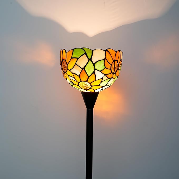 Tiffany Floor Lamp Tochiere Standing Lamp Yellow Sunflower Style Stained Glass Floor Light Vintage Tall Pole Uplight Corner Lamp with Foot Switch for Home Decor Living Room Bedroom