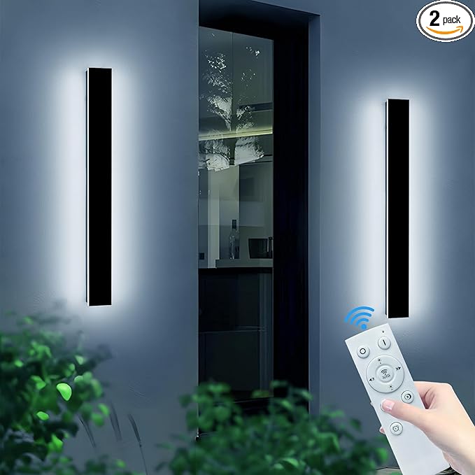 2 Pack Outdoor Wall Light Fixture, 39.3inch Modern Wall Sconce, IP65 Waterproof Dimmable 3000K-6000K with Remote Control, Outside Porch Lighting for Fence, Patio, Yard, Garage