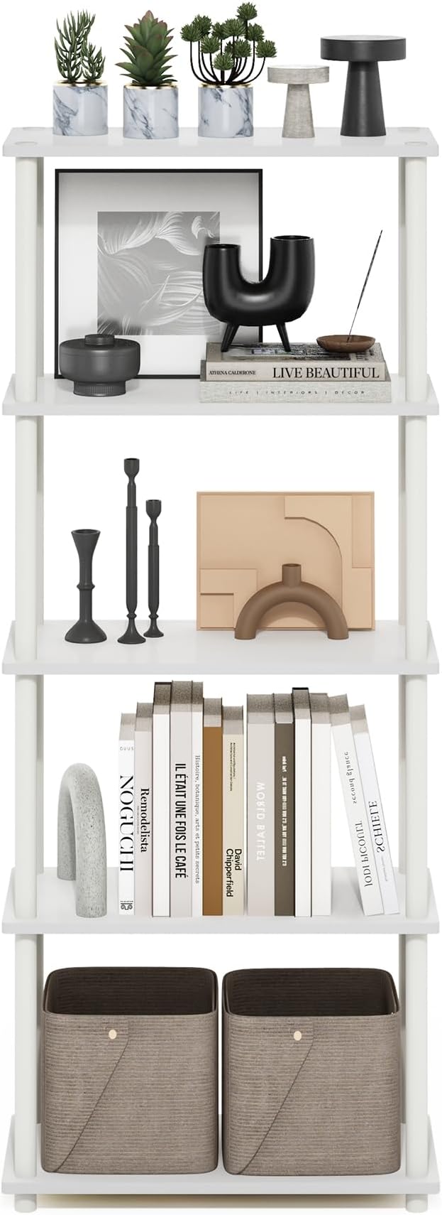 Furinno TURN-N-TUBE Storage Shelves, 5-Tier Book Shelf, Corner Shelf, Toolless Open Shelves, for Organization and Storage, Living Room, Garage, Home Office, White