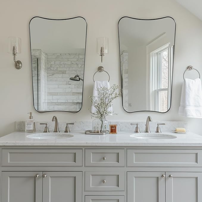 ANDY STAR 24x40 Inch Asymmetrical Mirror, Brushed Nickel Bathroom Mirror, Large Bathroom Mirror for Vanity, Anti-Rust Stainless Steel 1’’ Metal Frame, Italian Style Designer Mirror