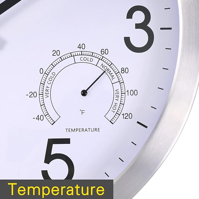 14Inch Wall Clock Battery Operated Aluminum Frame Wall Clocks, Silent Wall Clocks with Temperature & Humidity, Decorative for Home Housewarming Living Room