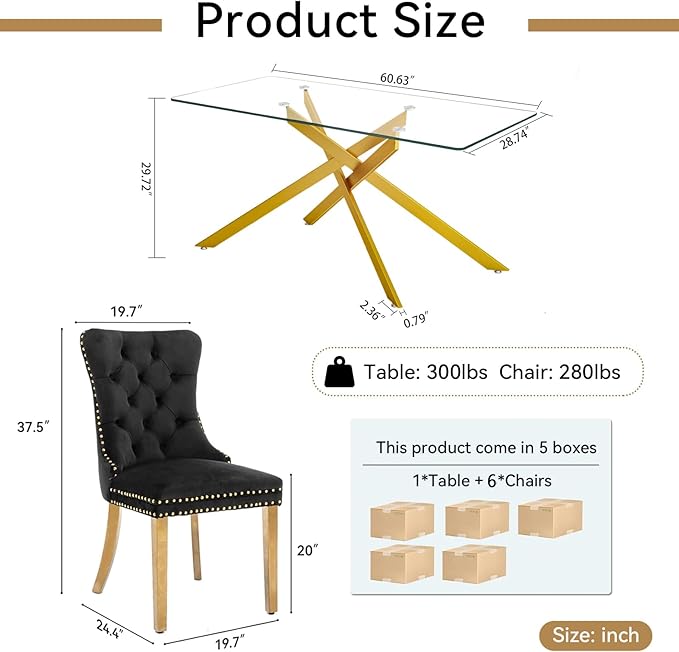 Goujxcy Glass Dining Table Set for 6, Modern Kitchen Table and Chairs Set of 6, 7-Piece Kitchen Dining Room Table Set w/61 Glass Gold Dining Table and 6 Black Velvet Upholstered Chairs