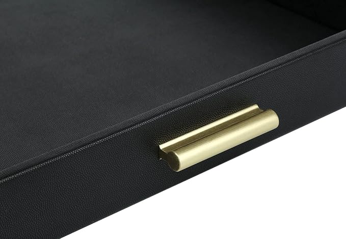 HofferRuffer Extra Large Serving Tray with Handles, Elegant Faux Leather Storage Decorative Tray for Coffee Table, Ottoman, Console Table, 20 x 16 x 2.2 inches (Black Tray+Golden Handle)
