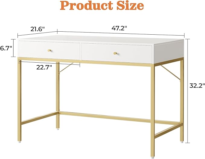 SUPERJARE Vanity Desk with Drawers, 47 inch Computer Desk, Modern Simple Home Office Desks, Makeup Dressing Table for Bedroom - White and Gold, 7997G