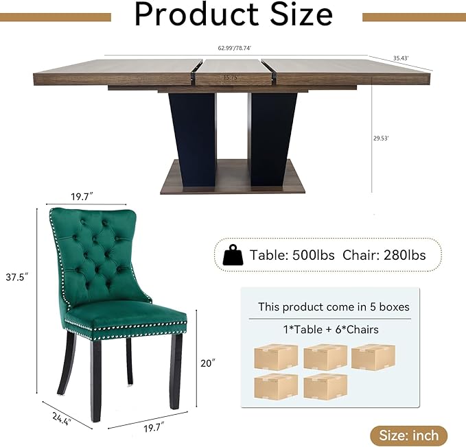 Goujxcy 7-Piece Extendable Dining Table Set for 6-8 People 63-78 Inch Kitchen Table Set with 6 Velvet Upholstered Chairs Farmhouse Rectangular Dining Room Table Set for Kitchen Dining Room Apartment