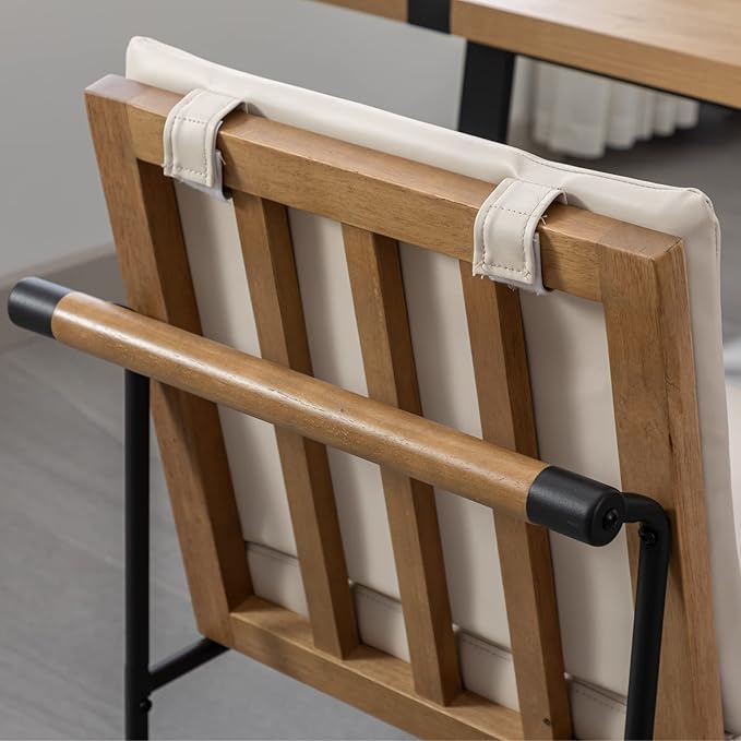 Modern Dining Chairs Set of 2, Comfy PU Leather Armless Side Chairs with Backrest Wooden Upholstered Seat Black Metal Legs for Dining Room Living Room, Beige