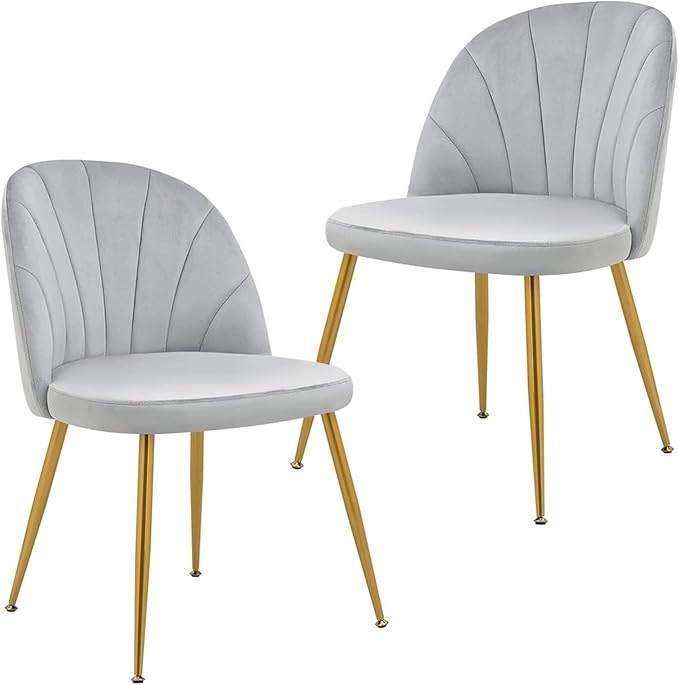 Velvet Dining Chairs Set of 2, Upholstered Mid Century Modern Dining Chairs, Armless Accent Chair with Metal Gold Legs for Living Room, Kitchen, Dining Room, Grey