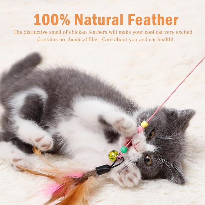 40 Pack Cat Feather Toy Wand, Interactive Pet Kitten Chaser Teaser Wire Wand with Bell Beads for Cat Exercise Play Fun Gifts - Wholesale