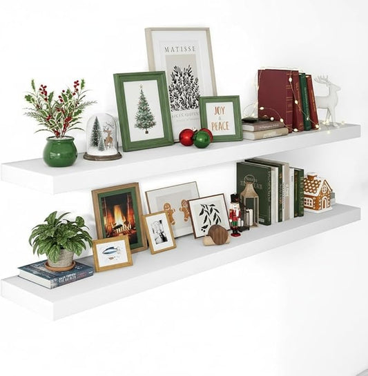 Vivelove 24/36/48/55 Inch Floating Shelves for Wall, 12 Deep Shelves for Room Wall Mounted, 2" Thick Floating Shelf for Living Room Bedroom Bathroom Kitchen Laundry Room, Set of 2 White