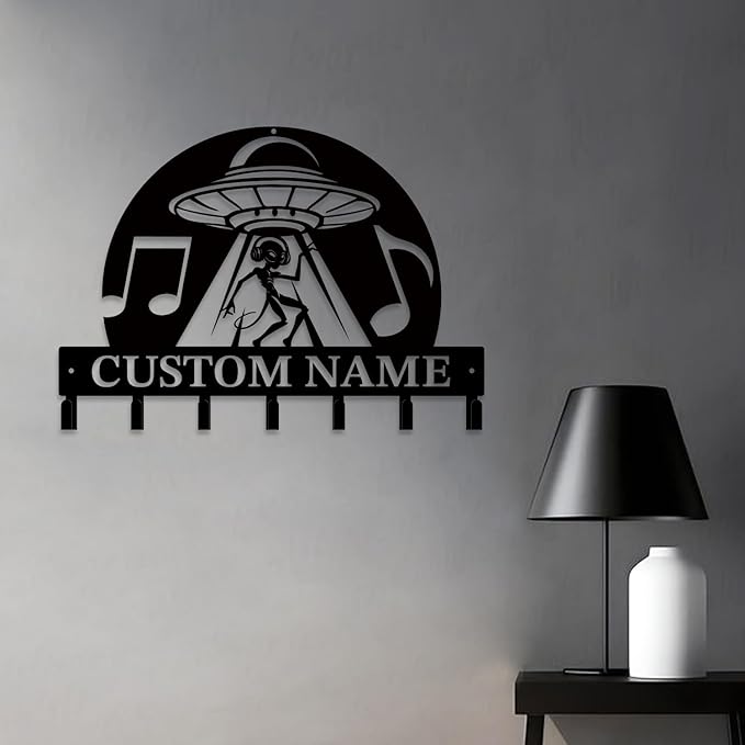 Personalized Custom Alien ET UFO Metal Wall Keys Hooks,Clothes Hooks Alien ET UFO Art Coat Racks,Door Holder,Black Alien ET Decorations for Home,Entrance Doors,Hallway, Bedroom,Keys,Hats (Style L)