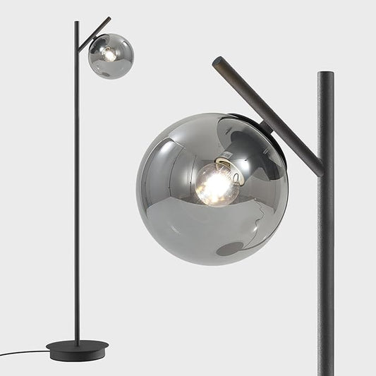 Mid Century Floor Lamp for Living Room Moderm Tall Standing Lamp with Frosted Glass Globe Shades Contemporary Brass Freestanding Lamp for Office Bedroom (Black-Smoky Gray)