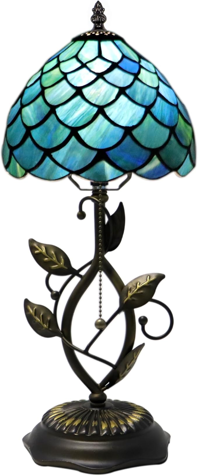Small Tiffany Lamp Sea Blue Fish Scale Style Stained Glass Table Lamps Desk Bedside Reading Light 8X8X18 Inches with Bronze Metal Leaf Resin Base