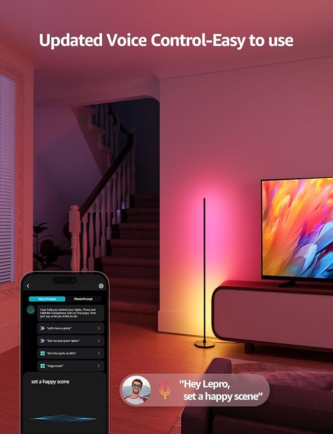 Lepro OE1 AI Corner Floor Lamp, Smart RGBICW LED Corner Lamp with Music Sync, Alexa Enabled, Personalized AI Lighting Designer, Modern Standing Lamp for Living Room/Bedroom,1000LM,2.4G WiFi, No Remote