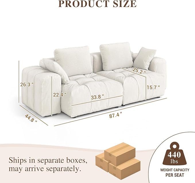 Cloud Sectional Couches, Comfort Linen Loveseat Modular Sofas with Wide Deep Seat, Down Filled Modern Upholstered Sofa Couch for Living Room, Apartment,Cream White