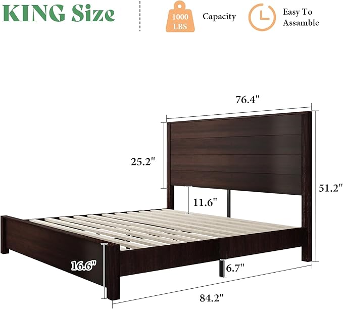 AMERLIFE King Size Bed Frame with 51.2" Spliced Headboard, Rustic Bedframe Wood Platform Bed/Wood Slats Support, No Box Spring Needed, Noiseless, Dark Brown