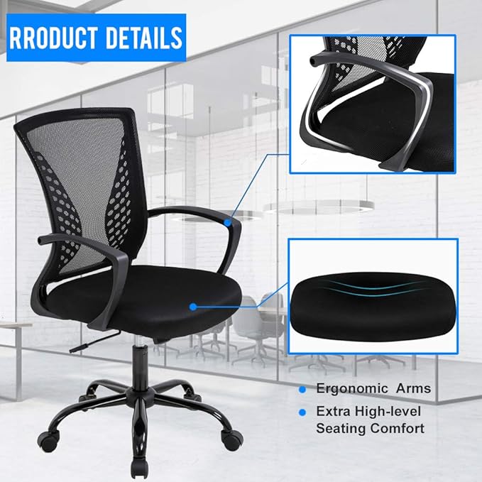 BestOffice Office Chair Ergonomic Desk Chair Mesh Computer Chair with Lumbar Support Armrest Mid Back Rolling Swivel Adjustable Task Chair for Women Adults, Black