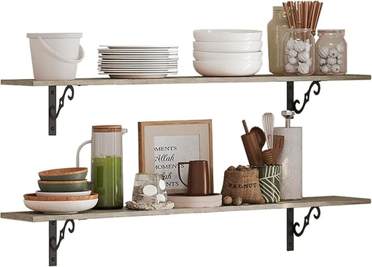 DINZI LVJ Long Wall Shelves, 23.6" Large Floating Shelves Set of 2, Farmhouse Display Shelf Wall Mounted with Heavy Duty Brackets, Easy Assembly for Kitchen, Bathroom, Bedroom, Balcony, Gray Wash