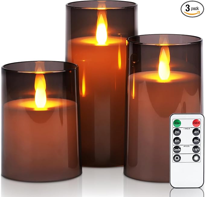 Homemory Realistic Flickering Flameless Candles Battery Operated, LED Fake Electric Candles with Remote Control and Timer for Home, Christmas Decoration, Grey, Set of 3