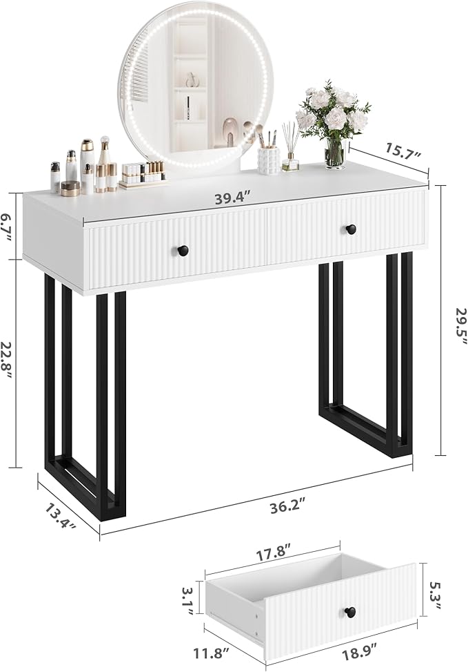 IDEALHOUSE Vanity Desk with Mirror and Lights, 49.2”H Makeup Vanity with 3 Color Lights and Adjustable Brightness, Bedroom Vanity Table with 2 Drawers, White