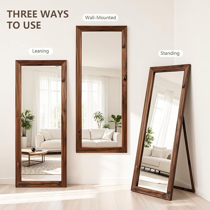 Yumyolk Full Length Mirror with Stand 64"x26" Large Vintage Wood Wall Mounted Mirrors for Bedroom Brown