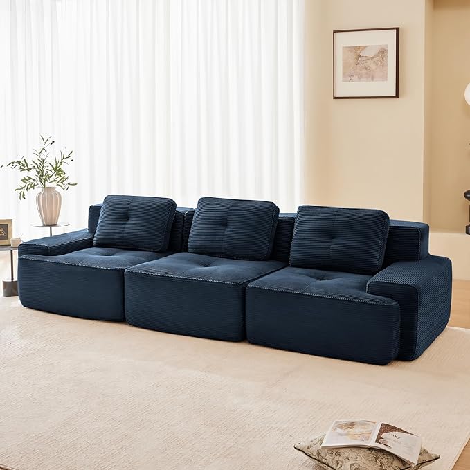 115" Modern Compressed Boneless Couch, 3 Seater Sectional Couches for Living Room, Blue Corduroy Cloud Modular Sectional Sofa, Comfy Memory Foam, Extra Deep, Sofas para Sala, No Assembly