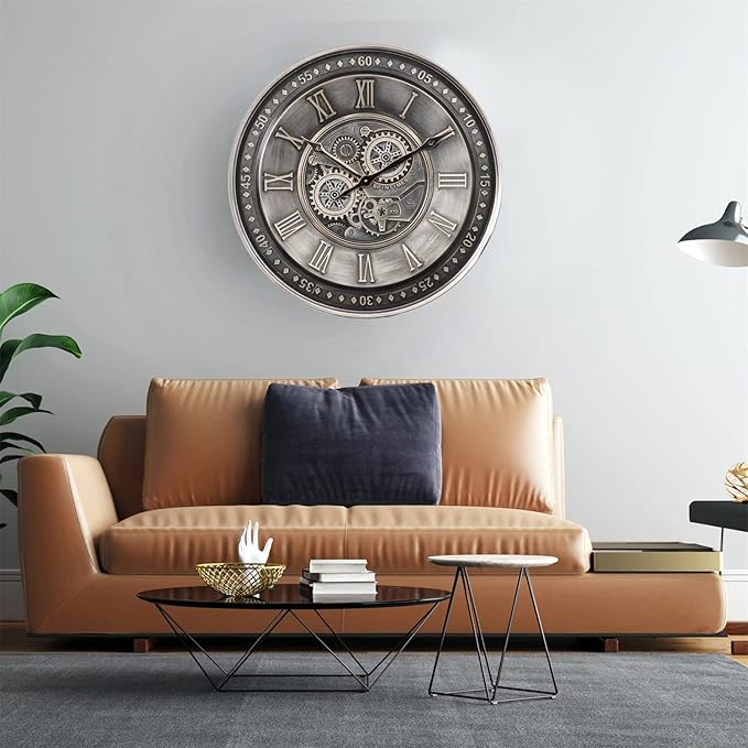 CLXEAST 24 Inch Large Moving Gear Wall Clock for Living Room Decor, Antique Silver Metal Roman Numerals Wall Clocks for Home Office