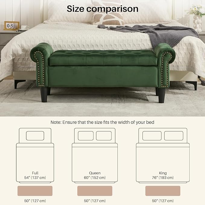 Storage Bench, 50" Queen End of Bed Bench, Velvet Tufted Button Upholstered Bedroom Bench, Storage Ottoman with Rolled Arms, Window Bench with Storage, for Living Room, Entryway Green