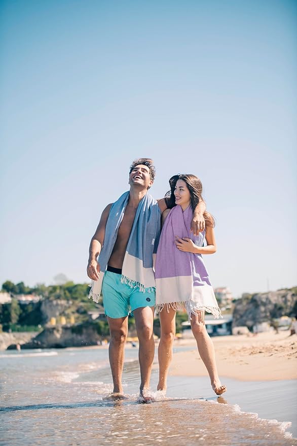 Bazaar Anatolia Turkish Beach Towel 100% Cotton Bath Towels 71x39 Quick Dry Sand Free Lightweight Large Oversized Herringbone Purple