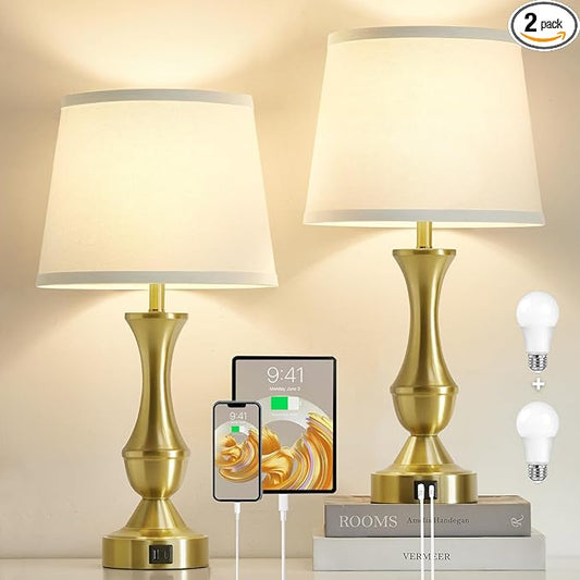 Luvkczc 22" Gold Table Lamps Set of 2 - Modern Luxury Bedside Lamps with White Fabric Shade, Dimmable & Dual USB C+A Ports, Nightstand Lamps for Bedroom/Living Room (Bulb Included)