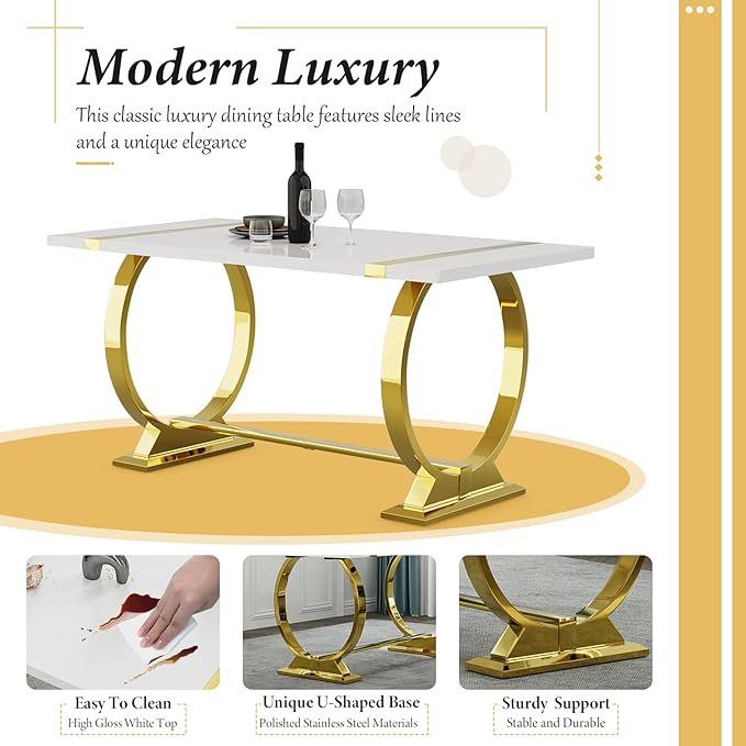 Asday Modern Dining Table with Gold Stainless Steel Metal U-Base in White Gold