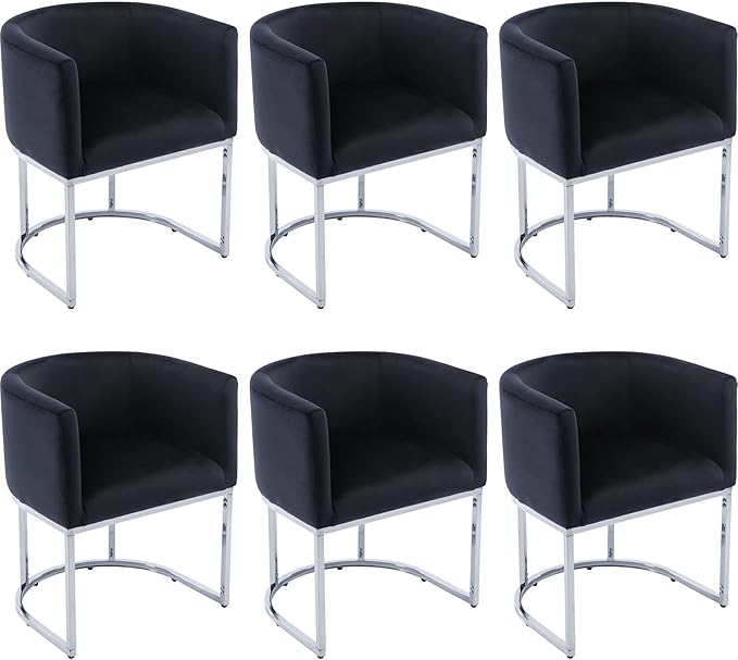 Velvet Dining Chairs Set of 6 Modern Barrel Arm Chairs with Chrome Metal Frame, Upholstered Kitchen Chairs 18.5" Wide Accent Chairs for Living Room Dining Room Restaurant, Black
